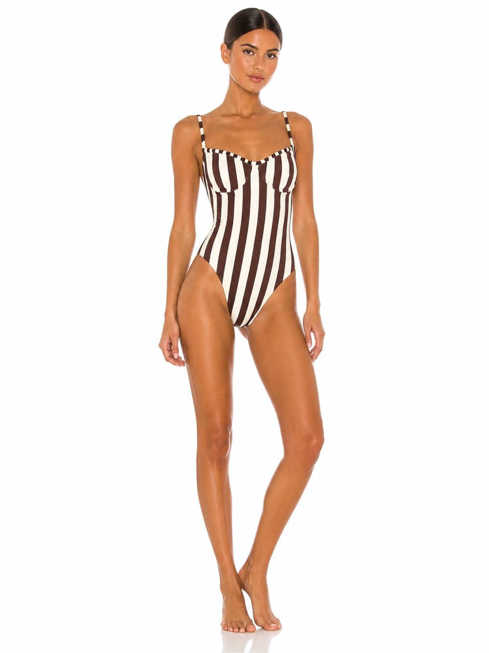 Onia Marilyn One Piece Swimsuit Brown Cream Stripe Underwire Bustier NWT $225